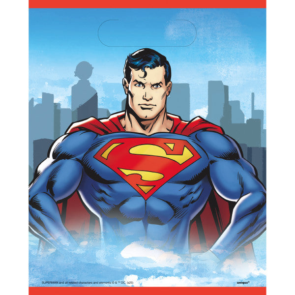 Superman Loot Bag with colorful Superman artwork, city skyline background, blue sky, and red border details.