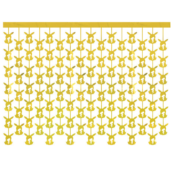 Pokemon Pikachu backdrop with rows of metallic gold Pikachu silhouettes hanging from a yellow header on a white background.