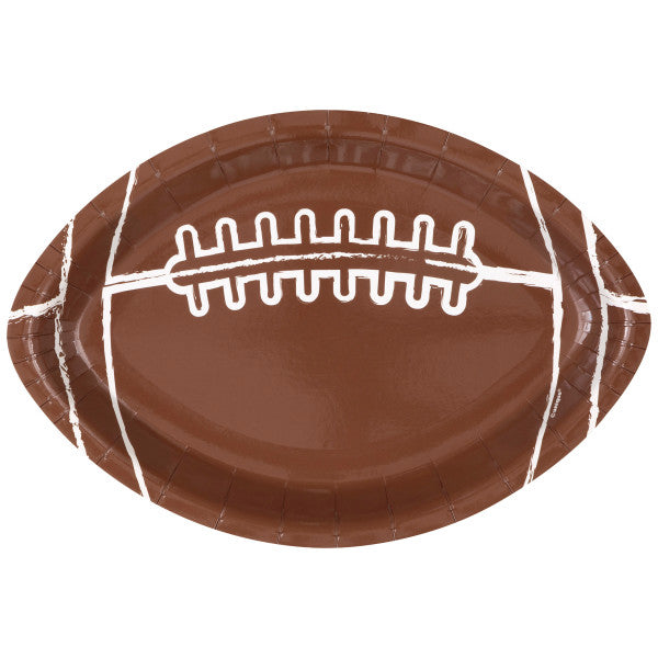 Kickoff Football Shaped Plate designed like a brown football with white laces and line details on a white background.