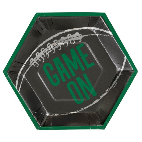 Hexagon Kickoff Football plate with black background, green border, football graphic, and green “Game On” text on a white background.