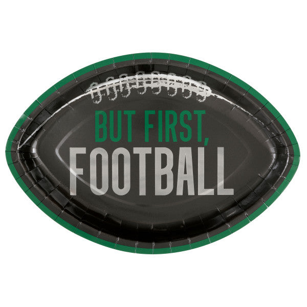 Football Kickoff football-shaped plate with black background, green border, football lace graphic, and “But First, Football” text on a white background.