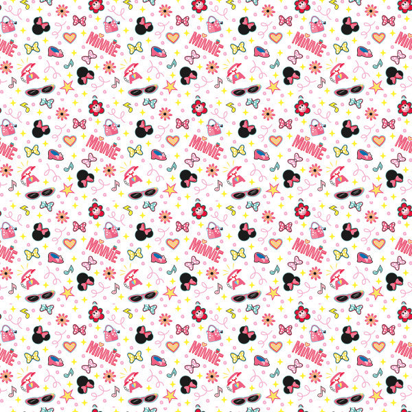 Minnie Mouse gift wrap with an allover pattern of Minnie icons, bows, hearts, flowers, music notes, sunglasses, handbags, and colorful doodles on a white background.