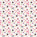 Minnie Mouse gift wrap with an allover pattern of Minnie icons, bows, hearts, flowers, music notes, sunglasses, handbags, and colorful doodles on a white background.