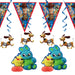 Toy Story Decor Kit with character pennants, blue hanging swirls, Slinky Dog cutouts, and honeycomb character centerpieces on a white background.