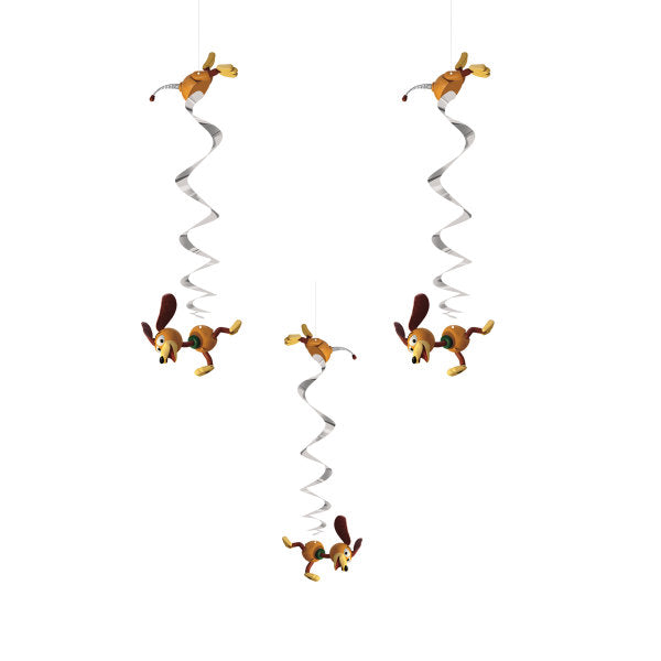Toy Story Hanging Swirl Decoration Set with silver hanging swirls and Slinky Dog character cutouts on a white background.