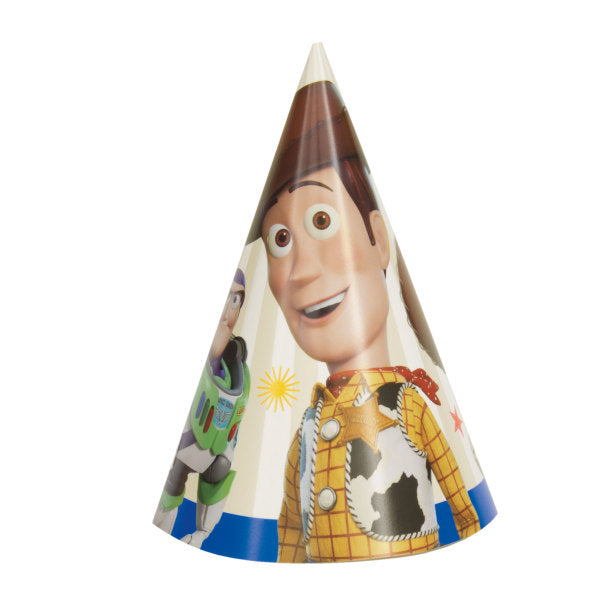 Toy Story cone party hat with Woody and Buzz Lightyear character artwork on a white background.