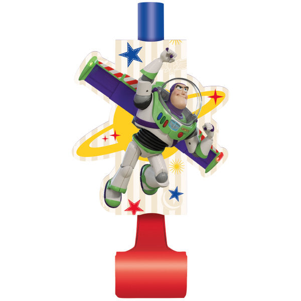 Toy Story Blowout Noisemaker with Buzz Lightyear artwork, colorful stars, and red and blue blowout pieces on a white background.