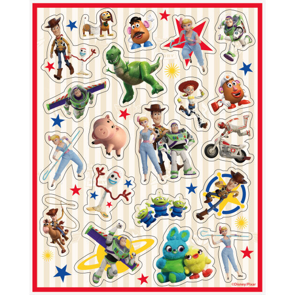 Toy Story Sticker Sheet with assorted character stickers including Woody, Buzz Lightyear, Jessie, Rex, Bo Peep, Forky, aliens, and colorful star accents.