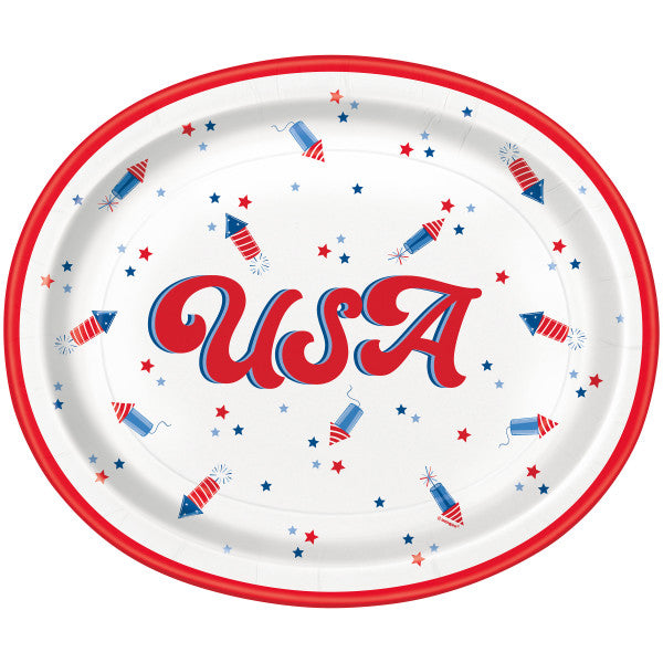 Oval patriotic USA plate with red USA lettering, red rim, stars, and firework graphics on a white background.