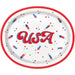 Oval patriotic USA plate with red USA lettering, red rim, stars, and firework graphics on a white background.