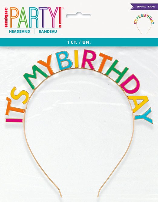 Colorful "It's My Birthday" headband with rainbow letter tiles on a flexible gold-tone band against white packaging.
