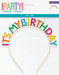 Colorful "It's My Birthday" headband with rainbow letter tiles on a flexible gold-tone band against white packaging.
