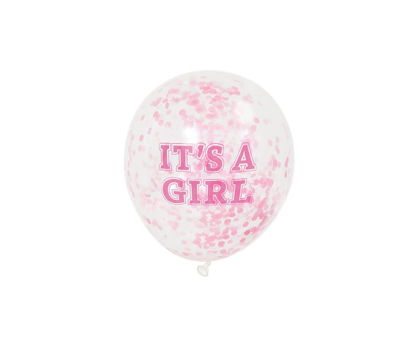 Clear 12-inch balloon with pink confetti inside and pink “It’s a Girl” lettering on the front.