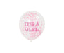 Clear 12-inch balloon with pink confetti inside and pink “It’s a Girl” lettering on the front.