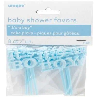 Package of eight light blue plastic cake picks with "it's a boy" text designs for baby shower celebrations.