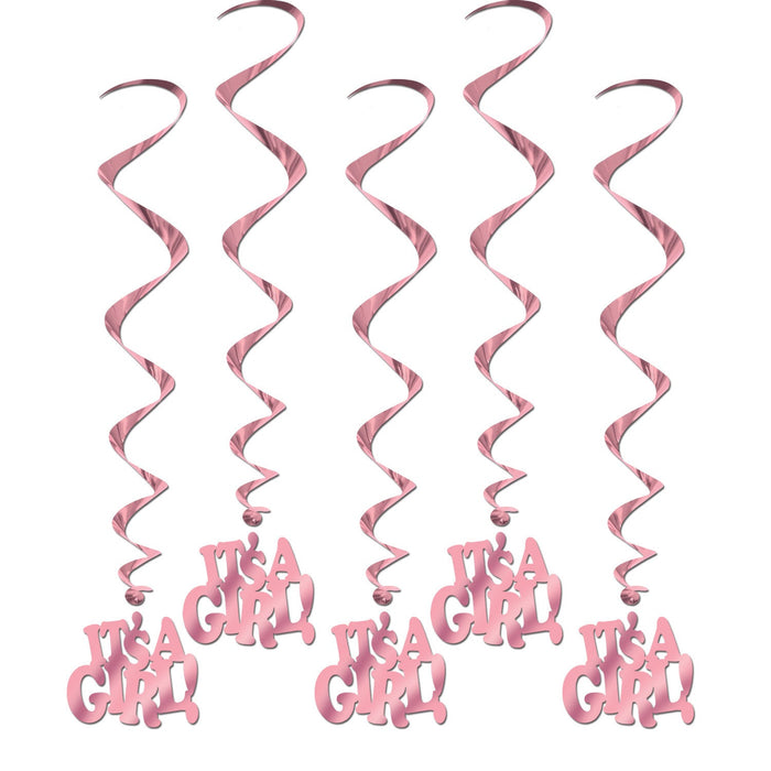 Five pink spiral hanging decorations with "It's A Girl" text charms attached at the bottom against a white background.