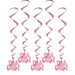 Five pink spiral hanging decorations with "It's A Girl" text charms attached at the bottom against a white background.