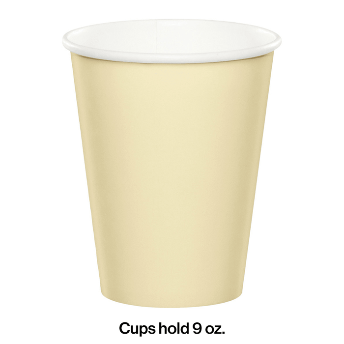 Ivory paper cup with white rim, holding 9 oz capacity, shown as single cup against white background.