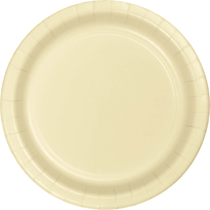 Cream-colored disposable paper plate with a ridged rim and smooth center, shown from above.