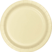 Cream-colored disposable paper plate with a ridged rim and smooth center, shown from above.