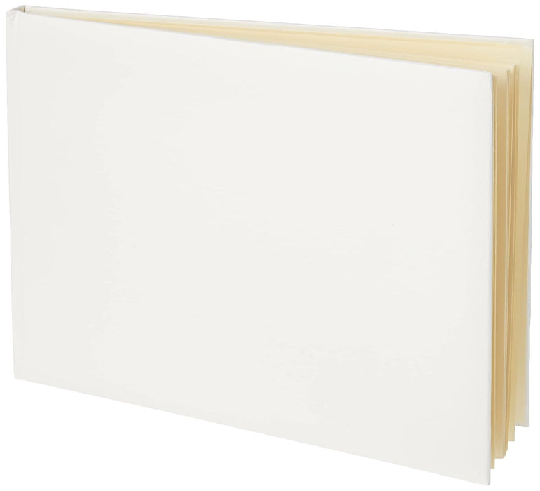 Ivory hardcover guest book with cream-colored pages and natural wood binding, displayed at an angle showing the spine and pages.