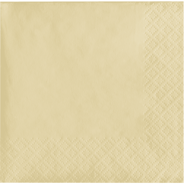 Cream-colored paper napkins with embossed diamond pattern around the edges, displayed as a single folded stack.