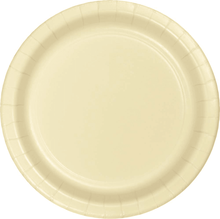 Cream-colored disposable paper plate with a ridged rim and shallow well, shown from above against a white background.