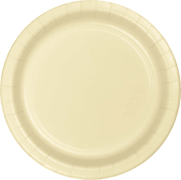 Ivory paper plate with a ridged rim and shallow well, shown from above on a white background.