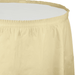 Ivory plastic tableskirt with pleated waistband and elastic gathered top edge, shown partially rolled against white background.