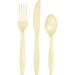 Three ivory plastic utensils arranged vertically: a fork on the left with four tines, a knife in the center with a serrated edge, and a spoon on the right.