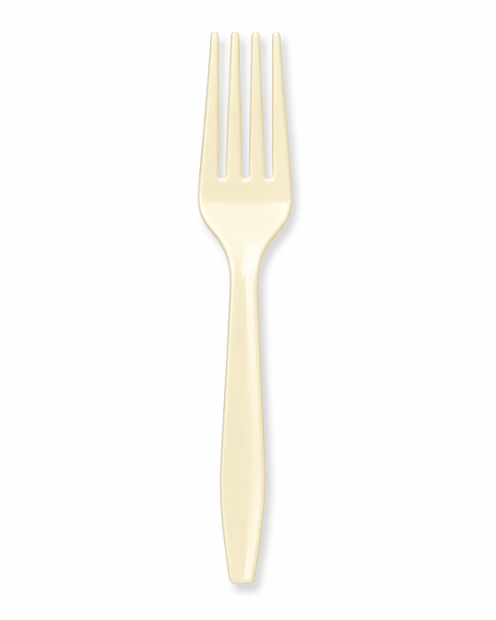 Single ivory plastic fork with four tines displayed against a white background.