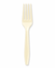 Single ivory plastic fork with four tines displayed against a white background.