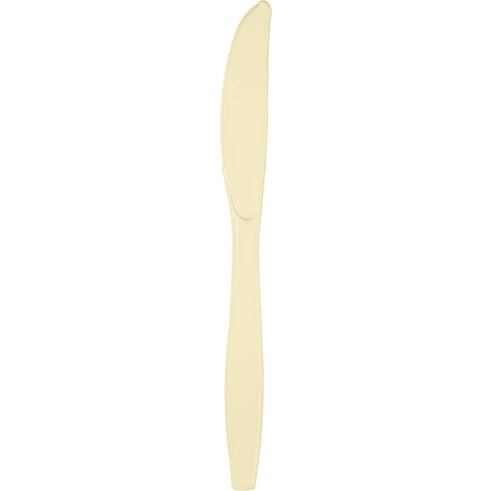 Ivory plastic knife with a serrated edge and tapered handle shown against a white background.