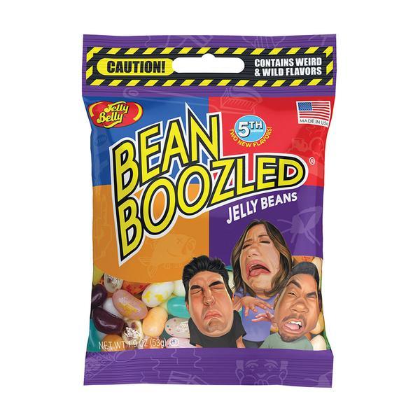 A 1.9oz bag of Bean Boozled jelly beans with blue, orange, and purple sections featuring three people making exaggerated facial expressions and a caution label warning of weird and wild flavors.