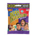 A 1.9oz bag of Bean Boozled jelly beans with blue, orange, and purple sections featuring three people making exaggerated facial expressions and a caution label warning of weird and wild flavors.