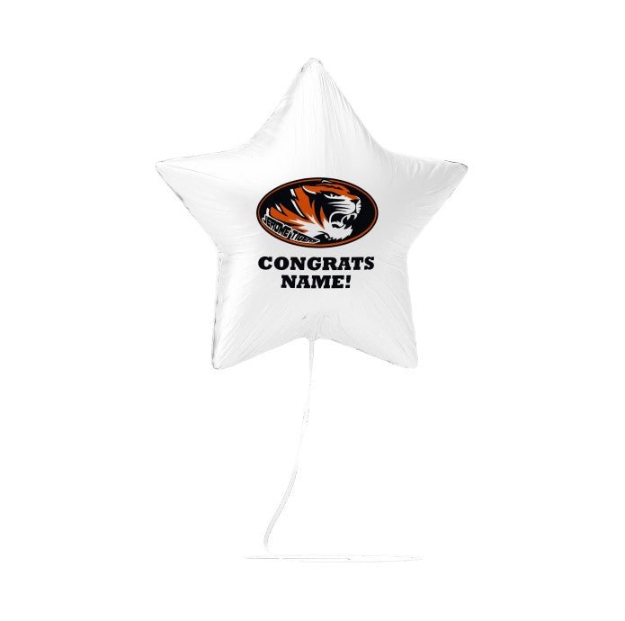 White star-shaped mylar balloon with a tiger logo and "CONGRATS NAME!" text printed in the center.