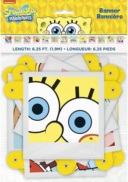 SpongeBob SquarePants jointed banner featuring large yellow foam circles with eyelets connected by string, measuring 6.25 feet long, with SpongeBob's face displayed on the center panel.