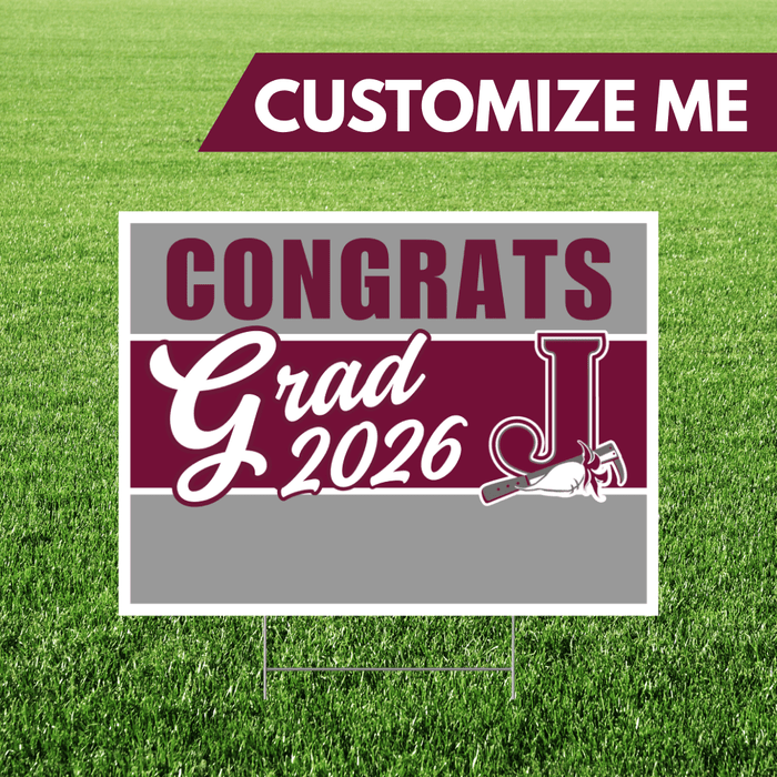 Graduation-themed customizable sign with 'Congrats Grad 2026' on a grass background