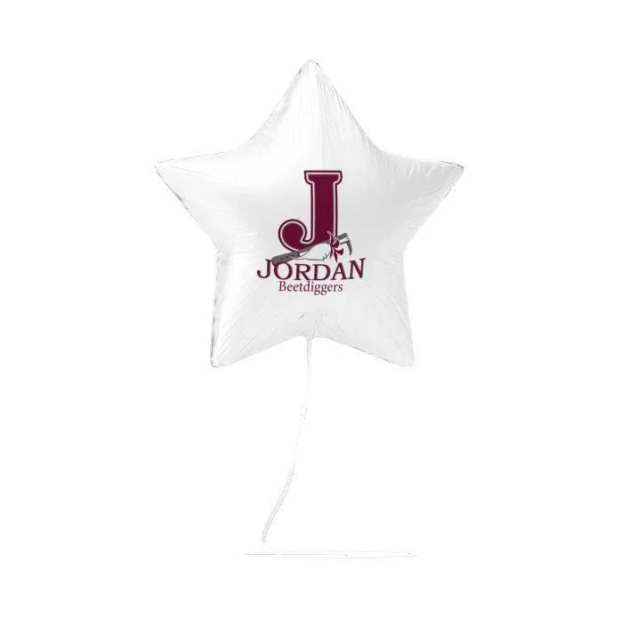 White star-shaped mylar balloon featuring a burgundy "J" logo and "JORDAN Beetdiggers" text printed in the center.