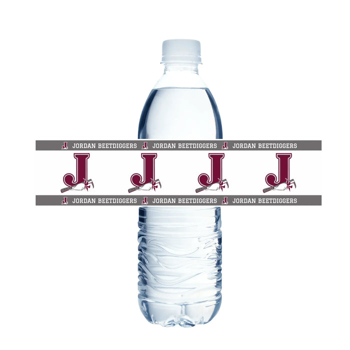 Two clear plastic water bottles with maroon and gray Jordan Beetdiggers school logo bands wrapped around the middle sections.