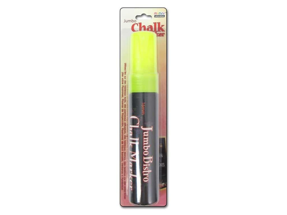 Jumbo chalk marker with a bright fluorescent yellow cap and dark gray barrel, displayed in its retail packaging with product labeling visible on the card.