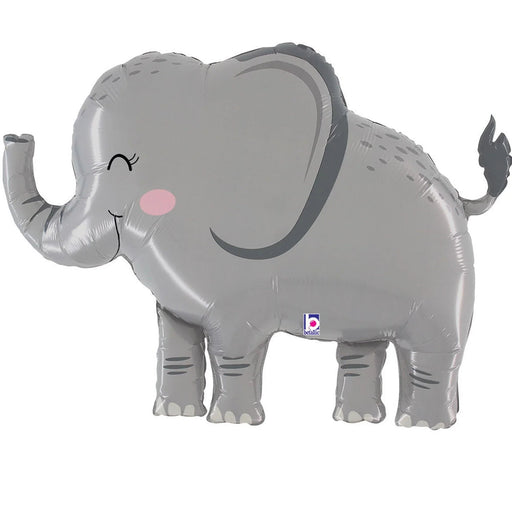 Gray foil balloon shaped like a smiling elephant with closed eyes, pink cheek, raised trunk, and four sturdy legs, measuring 44 inches.