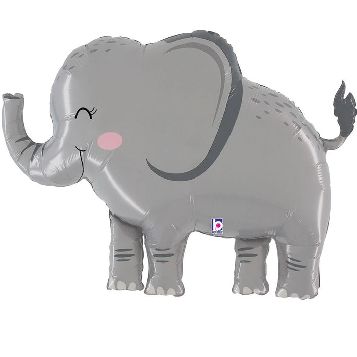 Gray foil balloon shaped like a smiling elephant with closed eyes, pink cheek, raised trunk, and four sturdy legs, measuring 44 inches.