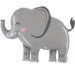 Gray foil balloon shaped like a smiling elephant with closed eyes, pink cheek, raised trunk, and four sturdy legs, measuring 44 inches.