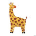 Tall yellow giraffe-shaped foil balloon with brown spots, long neck with small horns, smiling face, and black hooves, designed to stand upright.