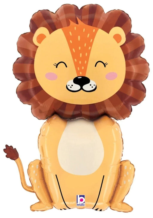 Cute cartoon lion character balloon with yellow face, closed eyes, pink cheeks, brown mane, orange striped nose, and cream-colored belly with small white dots.
