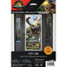 Jurassic World Rebirth party door poster featuring dinosaurs and flying pterosaurs on a black framed door cutout, packaged as a single plastic decoration measuring 2.25 by 5 feet.