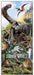 Jurassic World poster featuring multiple dinosaurs including a large T-Rex with open mouth, pterodactyurs in flight, and the Jurassic World logo against a lush canyon landscape.