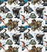 Jurassic World themed gift wrap roll featuring dinosaurs, pterodactyls, and the franchise logo in blue, brown, and orange colors on a white background.