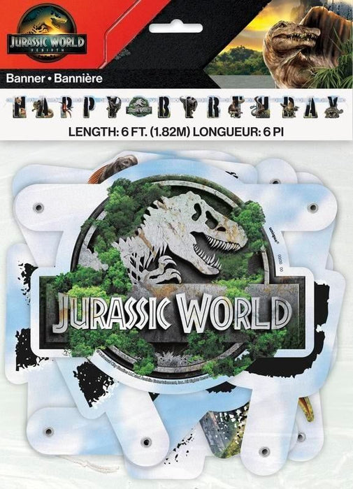 Jurassic World Happy Birthday banner measuring 6 feet long, featuring a dinosaur skull logo with green vegetation and blue sky background on white scalloped panels with hanging holes.